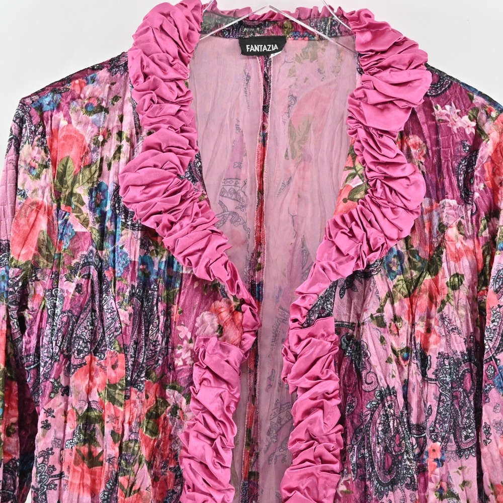 Vtg FANTAZIA Womens Velvet Jacket Size M Pink Floral Paisley Crinkle Ruffle Y2k - Picture 8 of 11